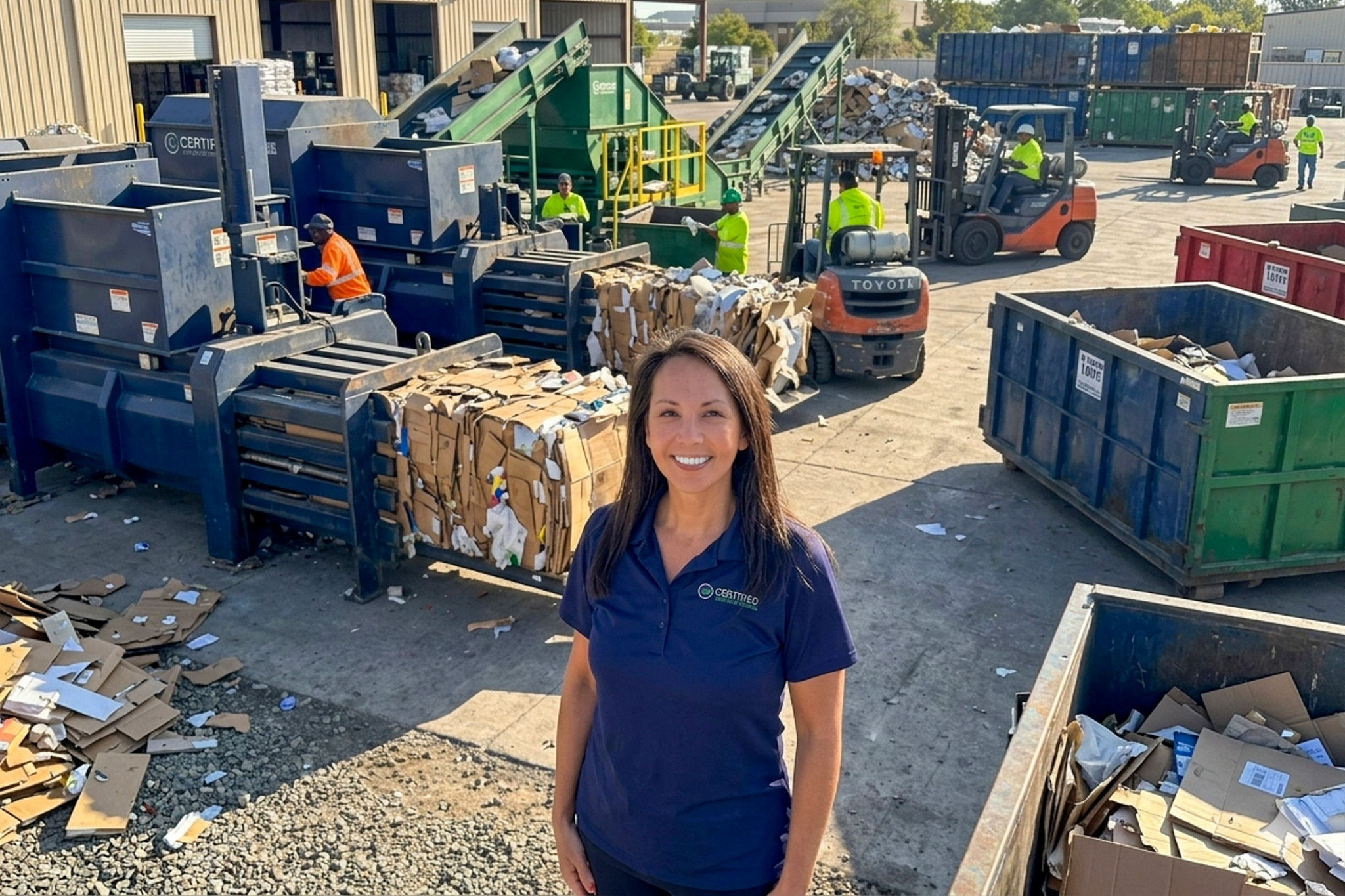 Woman in a navy polo smiles in the foreground of a busy recycling facility, with baled cardboard, sorting equipment, forklifts, containers and workers visible behind her.
