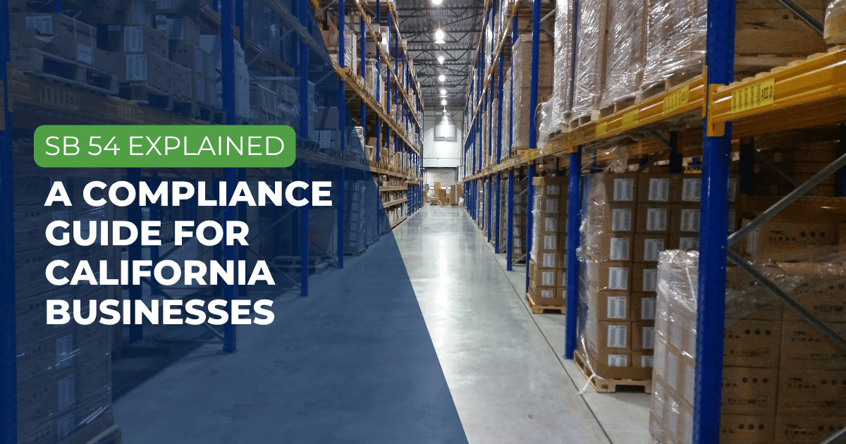 Warehouse aisle with shelved and palletized packaging inventory, overlaid with text reading 